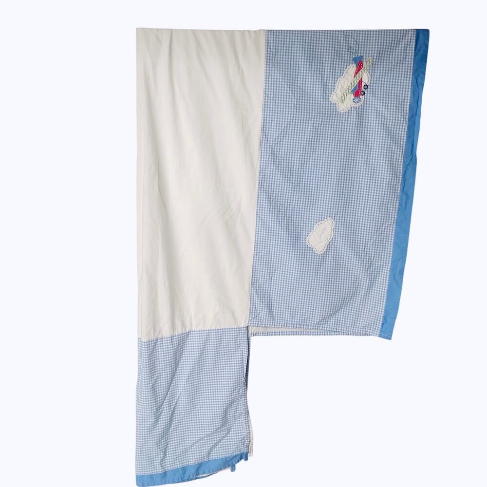 Pottery Barn Kids Gingham Plaid Embroidered Cribskirt Planes Clouds Blue White